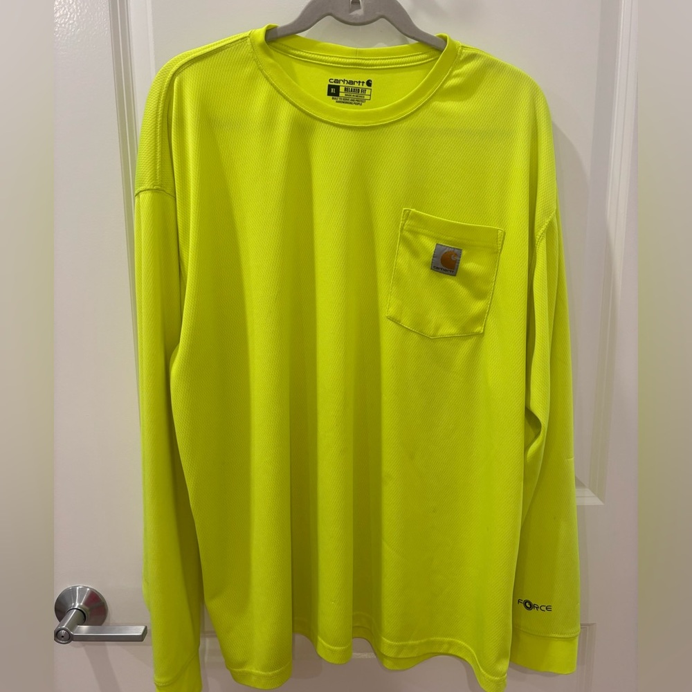 Carhartt Force Hi-Vis Neon Yellow Long Sleeve Pocket Work Shirt XL Relaxed Fit
